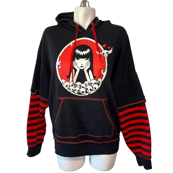 Emily the Strange Hoodie Red Black Stripe Layered Size Medium Hot Topic Y2k Emo - Picture 1 of 4